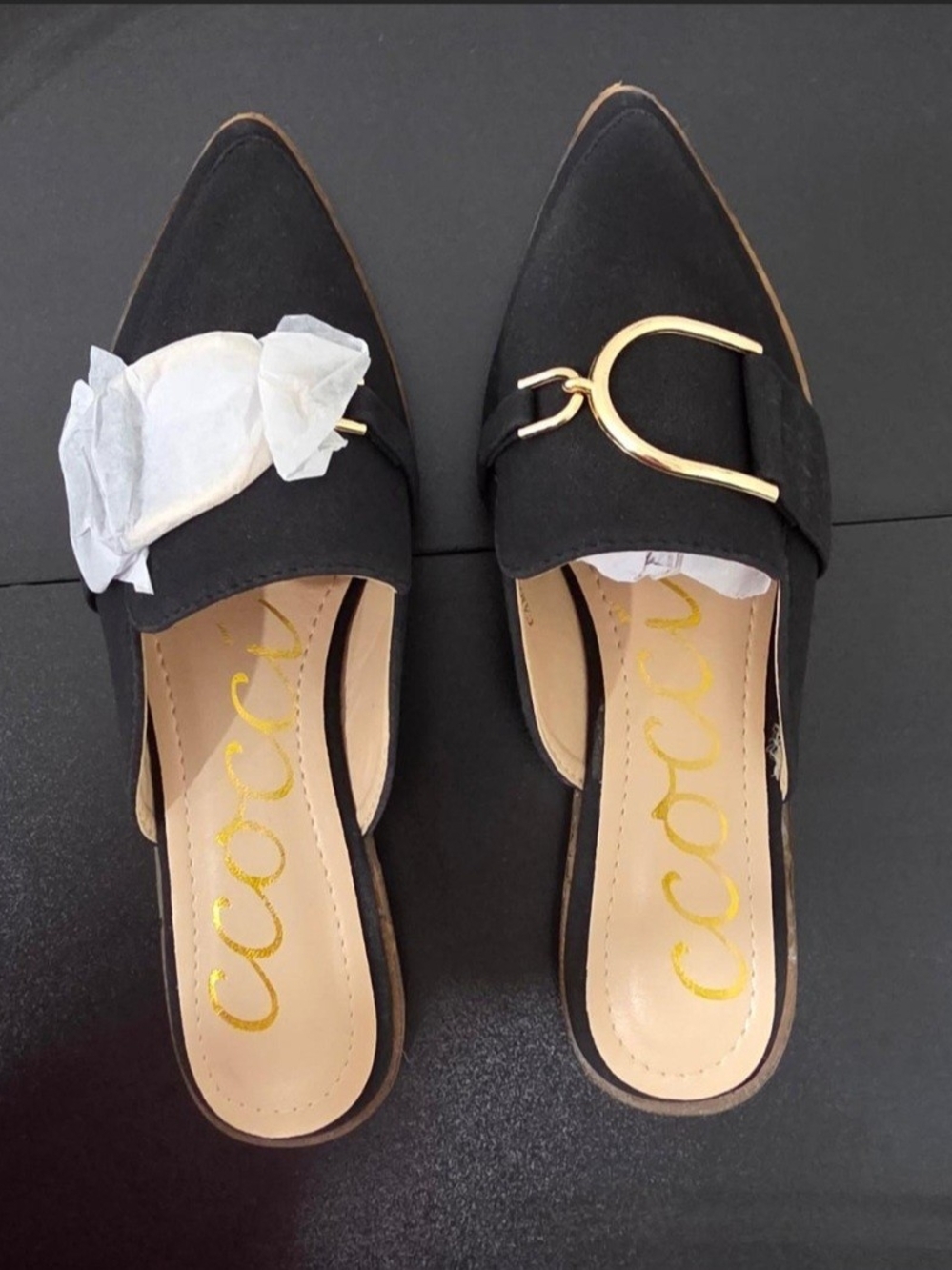 NWOT Black Pointed Toe Loafer Mules with Gold Accent